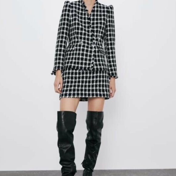 Zara Houndstooth Textured Mini Belted A-Line Skirt - Picture 13 of 15